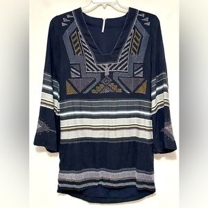 Free People Mini Dress Embrodered Aztec Tribal Bell Sleeves Shirt Dress Small